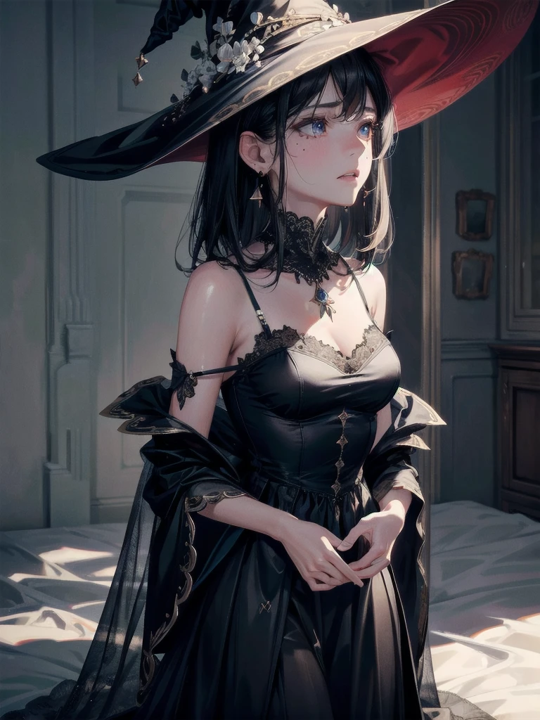absurdres, RAW photo, extremely delicate and beautiful, masterpiece, Best Quality, ultra high resolution, 32k, hyperrealistic, ultra-detailed, delicate facial features, beautiful detailed woman, tearful mole, earring, medium breasts, full body shot, medium hair, black hair, Witch dress,