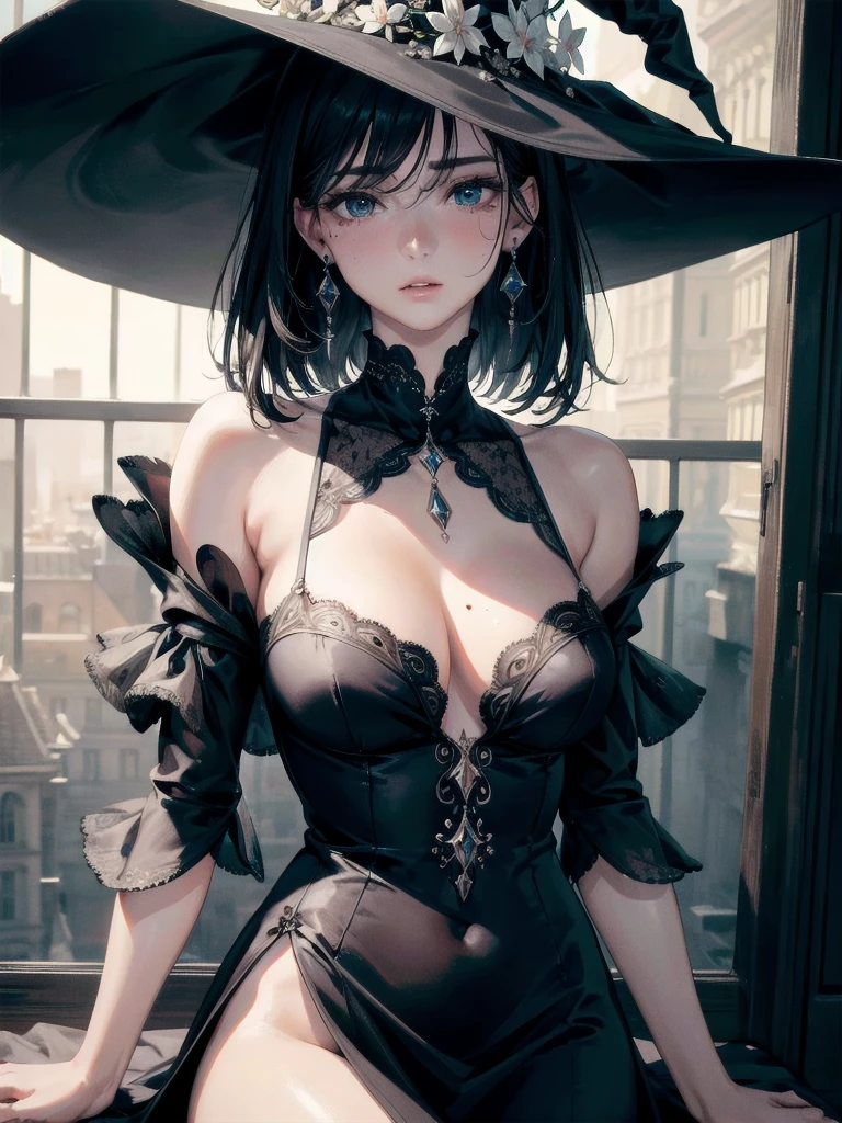 absurdres, RAW photo, extremely delicate and beautiful, masterpiece, Best Quality, ultra high resolution, 32k, hyperrealistic, ultra-detailed, delicate facial features, beautiful detailed woman, tearful mole, earring, medium breasts, full body shot, medium hair, black hair, Witch dress,