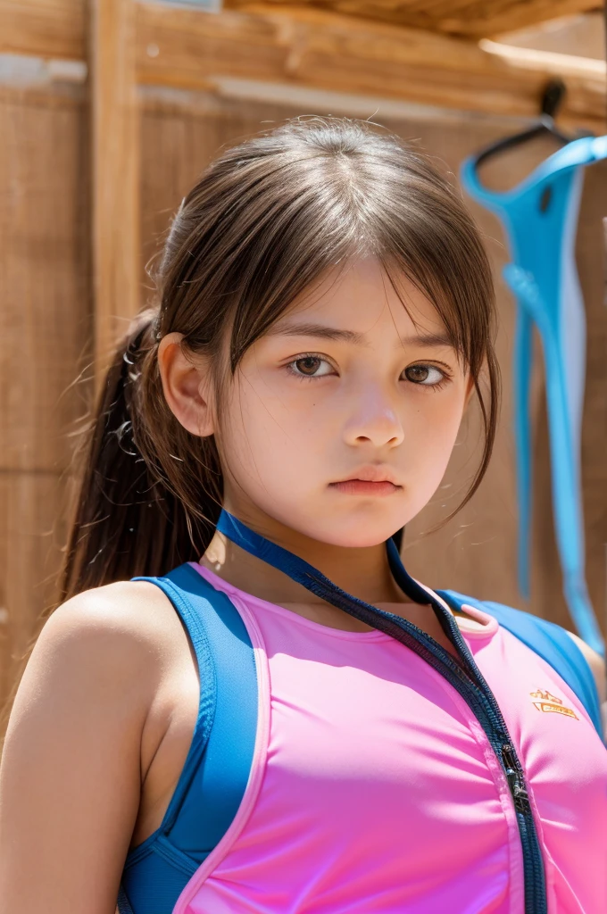 one Japanese girl, (a beauty 12 years oldの少女, delicate girl:1.3), (12 years old:1.3),Angry expression，Clasp your arms above your head，
break, (Pink school swimsuit:1.3),
break, Very fine grain definition, (Symmetrical eyes:1.3),
break, (School changing room, Outdoor:1.3), 
break, Small breasts, Brown eyes, Black Hair,  girl,
break, (Eye and facial details:1.0),
break, (masterpiece, Highest quality, Super detailed, Detailed face, 8K)