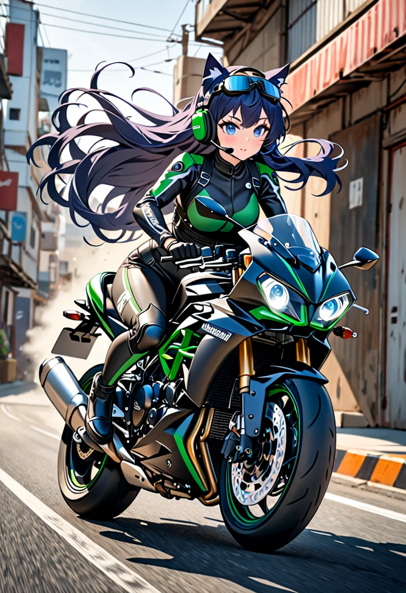 Masterpiece, Best quality, 8K Ultra High-Quality, ultra-detailed, High quality, Dark Blue hair, blue eyes, Long hair, Headset, goggles, cat girl, riding on a motorcycle, sports motorcycle, large motorcycle, Kawasaki H2R, tight rider suit, Body harness, corset, full body, motorcycle riding pose, hair flowing in the wind