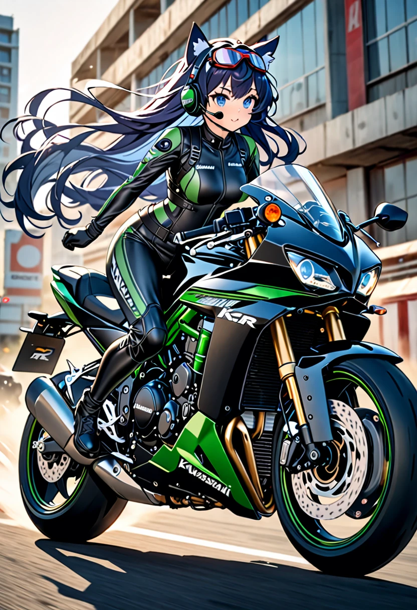 Masterpiece, Best quality, 8K Ultra High-Quality, ultra-detailed, High quality, Dark Blue hair, blue eyes, Long hair, Headset, goggles, cat girl, riding on a motorcycle, sports motorcycle, large motorcycle, Kawasaki H2R, tight rider suit, Body harness, corset, full body, motorcycle riding pose, hair flowing in the wind