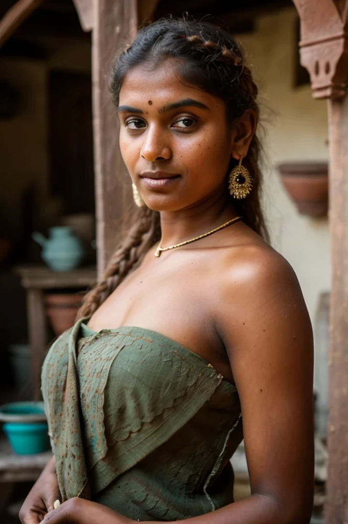 Foto RAW, 18 year old Indian with wheatish complexion yet extremely beautiful girl in old clothes making pottery, her hands skillfully shaping a clay pot on a traditional pottery wheel, her worn clothes and surroundings covered in clay, in a rustic pottery workshop with wooden beams and clay pots lined up, the scene filled with an earthy, grounded atmosphere, Photography, captured in 8k UHD, DSLR, alta qualidade, grain of film, Fujifilm XT3
