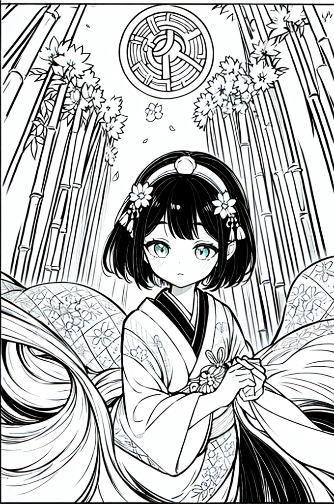 As a coloring book, the color should be black and white, the border should be simple, clear, and bold. A beautiful Asian girl with long, flowing black hair adorned with a delicate [flower hair ornament] is strolling through the picturesque [Arashiyama Bamboo Forest] in Kyoto, Japan. She is wearing a stunning [kimono with cherry blossom pattern], the vibrant colors contrasting with the serene green of the bamboo grove. The girl's expression exudes a sense of peace and tranquility as she immerses herself in the beauty of the natural surroundings.