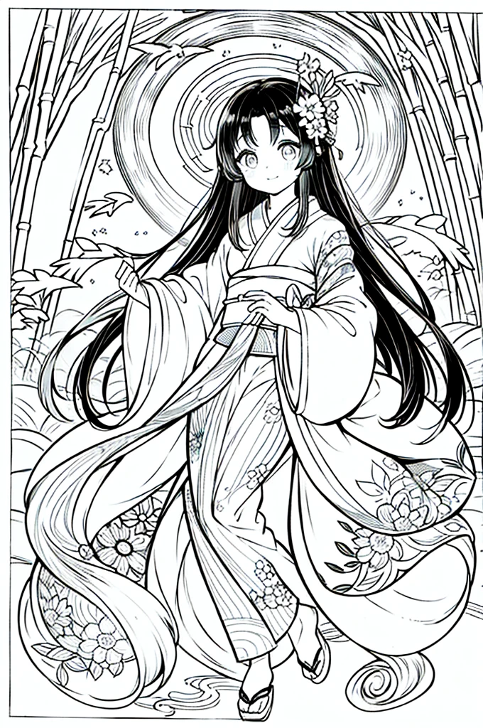 As a coloring book, the color should be black and white, the border should be simple, clear, and bold. A beautiful Asian girl with long, flowing black hair adorned with a delicate [flower hair ornament] is strolling through the picturesque [Arashiyama Bamboo Forest] in Kyoto, Japan. She is wearing a stunning [kimono with cherry blossom pattern], the vibrant colors contrasting with the serene green of the bamboo grove. The girl's expression exudes a sense of peace and tranquility as she immerses herself in the beauty of the natural surroundings.