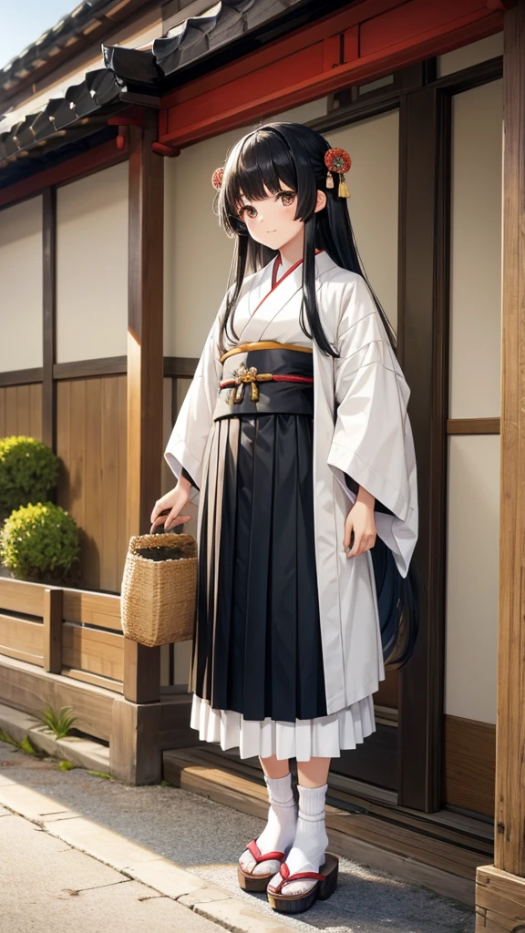 Twelve-year-old black-haired girl,Hair bundles,Hairpin,kimono,long skirt,White socks,Straw sandals,Japanese streets during the shogunate period