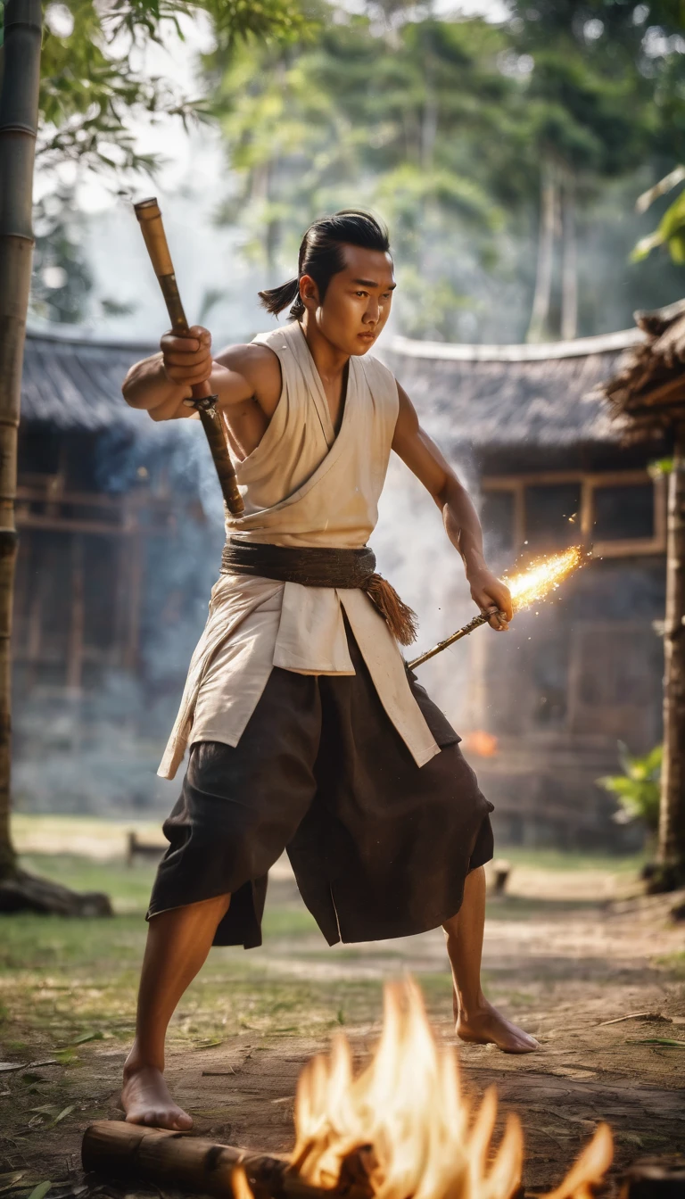 shot from the front, a small candle burning on a piece of wood, facing the camera. a young warrior from Indonesia who wears a white cloth vest and headband. swinging the sword from the side at high speed towards the fire. hit the target so that the fire was cut into two parts. background of a wooden house with a large yard, bamboo trees and hills. bright lighting from the front. cgi effects. epic ((best Quality image 8K))