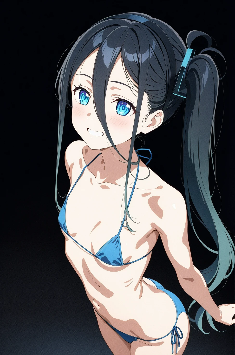 best quality, amazing quality, very aesthetic, absurdres, (1girl, aris, blue archive, solo, blue eyes), (realistic face:0.9),(string bikini:1.8), (grin, blush, thigh:1.3), (cowboy shot), (glowing eyes), (half closed eyes:0.9), (ass), (official art:1.3), (pool), expressive eyes, perfect face, extremely detailed eyes, perfect anatomy, smooth skin, (black background:1.5), clear eyes, beautiful face, small breasts, (anime style:1.7), (Warm Light:1.5), (highres:2), (Chiaroscuro),