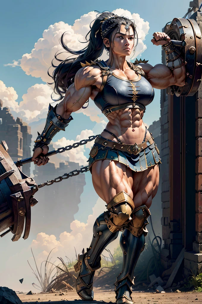 (Best lighting) , (Very intricate details) , 4K Integration, (Super fine CG: 1.2) , (8K: 1.2),(original), (masterpiece) , (Highest quality),(masterpiece:1.4),((Full images))、Photo quality,(masterpiece),masterpiece, Highest quality, Absurd,((Masterpiece, 4K, 8K, High resolution)),(masterpiece), (Highest quality), (Super detailed), (Very delicate and beautiful), ((Full body image 1:1.5)), 1 female, The face of a 40-year-old Western woman、A beautiful, well-balanced face、 ((A woman with a muscular body like a male bodybuilder)),((Huge muscular physique))、((A 200cm tall woman))、((Beautiful woman)),((Woman warrior)),45 year old mature woman,Brave and resolute attitude, Wearing Valkyrie Metal Armor、 (Sleeveless Armor)、((Metal armor that resembles a thick chest and abdominal muscles))、((Metal armor covering the upper body))、Valkyrie's Helmet、Very strong legs、((Long boots with pin heels))、((kneehigh 、Medieval streetscape,Strength and elegance,Solemn atmosphere,((The Queen's Appearance))、((The Strongest Queen of Mankind))、(Huge muscular physique),((Protruding veins))、((A woman with a toned chest like a male bodybuilder))、Raised trapezius muscle、very thick neck、((Strong arms with bulging biceps))、A muscular chest、Six-pack、((Thick thighs with bulging muscles))、((Bicep-like calf muscles))、Overflowing with incredible strength、Muscles bulging out from under the force of force all over the body、Black Hair、ponytail、A commanding presence,Poses that show off their monstrous power,Model standing、Standing with dignity、Vibrant colors,Down to the smallest thread,Impressive level textures,Sharp focus,Rich and realistic backgrounds,Magnificence and grandeur,((A strong Valkyrie captain)),((A powerful Valkyrie captain)), Inspiring and majestic,Guardian of the kingdom,Unstoppable courage,Divine Destiny,Indomitable spirit,Unforgettable beauty,Unwavering Strength