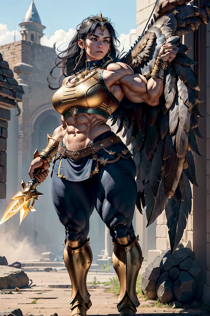 (Best lighting) , (Very intricate details) , 4K Integration, (Super fine CG: 1.2) , (8K: 1.2),(original), (masterpiece) , (Highest quality),(masterpiece:1.4),((Full images))、Photo quality,(masterpiece),masterpiece, Highest quality, Absurd,((Masterpiece, 4K, 8K, High resolution)),(masterpiece), (Highest quality), (Super detailed), (Very delicate and beautiful), ((Full body image 1:1.5)), 1 female, The face of a 40-year-old Western woman、A beautiful, well-balanced face、 ((A woman with a muscular body like a male bodybuilder)),((Huge muscular physique))、((A 200cm tall woman))、((Beautiful woman)),((Woman warrior)),45 year old mature woman,Brave and resolute attitude, Wearing Valkyrie Metal Armor、 (Sleeveless Armor)、((Metal armor that resembles a thick chest and abdominal muscles))、((Metal armor covering the upper body))、Valkyrie's Helmet、Very strong legs、((Long boots with pin heels))、((kneehigh 、Medieval streetscape,Strength and elegance,Solemn atmosphere,((The Queen's Appearance))、((The Strongest Queen of Mankind))、(Huge muscular physique),((Protruding veins))、((A woman with a toned chest like a male bodybuilder))、Raised trapezius muscle、very thick neck、((Strong arms with bulging biceps))、A muscular chest、Six-pack、((Thick thighs with bulging muscles))、((Bicep-like calf muscles))、Overflowing with incredible strength、Muscles bulging out from under the force of force all over the body、Black Hair、ponytail、A commanding presence,Poses that show off their monstrous power,Model standing、Standing with dignity、Vibrant colors,Down to the smallest thread,Impressive level textures,Sharp focus,Rich and realistic backgrounds,Magnificence and grandeur,((A strong Valkyrie captain)),((A powerful Valkyrie captain)), Inspiring and majestic,Guardian of the kingdom,Unstoppable courage,Divine Destiny,Indomitable spirit,Unforgettable beauty,Unwavering Strength