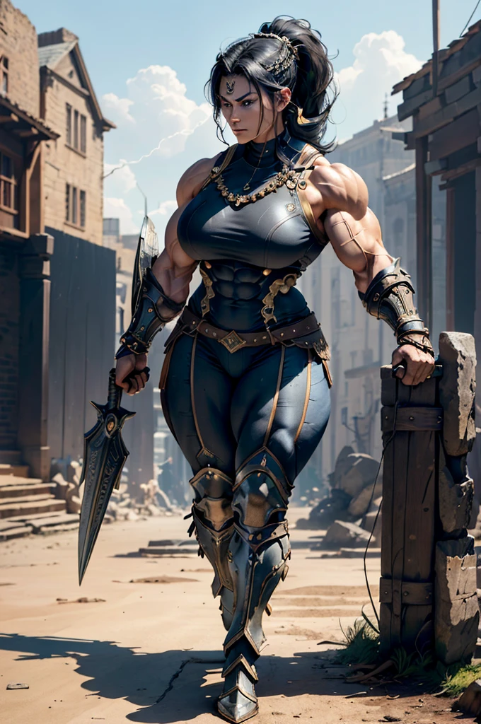 (Best lighting) , (Very intricate details) , 4K Integration, (Super fine CG: 1.2) , (8K: 1.2),(original), (masterpiece) , (Highest quality),(masterpiece:1.4),((Full images))、Photo quality,(masterpiece),masterpiece, Highest quality, Absurd,((Masterpiece, 4K, 8K, High resolution)),(masterpiece), (Highest quality), (Super detailed), (Very delicate and beautiful), ((Full body image 1:1.5)), 1 female, The face of a 40-year-old Western woman、A beautiful, well-balanced face、 ((A woman with a muscular body like a male bodybuilder)),((Huge muscular physique))、((A 200cm tall woman))、((Beautiful woman)),((Woman warrior)),45 year old woman,Brave and resolute attitude, Wearing Valkyrie Metal Armor、 (Sleeveless Armor)、((Metal armor that resembles a thick chest and abdominal muscles))、((Metal armor covering the upper body))、Valkyrie's Helmet、Very strong legs、((Long boots with pin heels))、((kneehigh 、Medieval streetscape,Strength and elegance,Solemn atmosphere,((The Queen's Appearance))、((The Strongest Queen of Mankind))、(Huge muscular physique),((Protruding veins))、((A woman with a toned chest like a male bodybuilder))、Raised trapezius muscle、very thick neck、((Strong arms with bulging biceps))、A muscular chest、Six-pack、((Thick thighs with bulging muscles))、((Bicep-like calf muscles))、Overflowing with incredible strength、Muscles bulging out from under the force of force all over the body、Black Hair、ponytail、A commanding presence,Poses that show off their monstrous power,Model standing、Standing with dignity、Vibrant colors,Down to the smallest thread,Impressive level textures,Sharp focus,Rich and realistic backgrounds,Magnificence and grandeur,((A strong Valkyrie captain)),((A powerful Valkyrie captain)), Inspiring and majestic,Guardian of the kingdom,Unstoppable courage,Divine Destiny,Indomitable spirit,Unforgettable beauty,Unwavering Strength