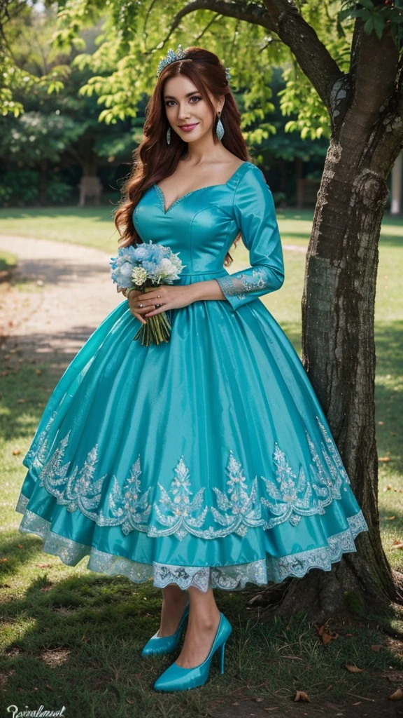 Arafed woman in a green dress with a bouquet of flowers, light blue dress portrait, dressed in blue, with blue-green clothing, blue-green tones, Shades of green and blue, alanis guillen, gorgeous woman, greenish-blue tones, Lady with bright floral dress, Cyan and green, with frozen flowers around them, wonderful and beautiful, great woman, beautiful and smiling, reifrock,she stands by a tree with red leaves,high heels,longeyelashes,Large earrings , Diadem, Updo, bolero lace long sleeve, Red hair,big brown eyes, very nice makeup, blue shimmer eyeshadow,w quinceanera dress, large hoop skirt,long skirt,long dress,big ,nasen piercing, lippen piercing,Diamantschmuck