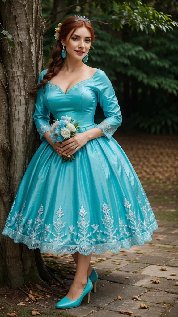 Arafed woman in a green dress with a bouquet of flowers, light blue dress portrait, dressed in blue, with blue-green clothing, blue-green tones, Shades of green and blue, alanis guillen, gorgeous woman, greenish-blue tones, Lady with bright floral dress, Cyan and green, with frozen flowers around them, wonderful and beautiful, great woman, beautiful and smiling, reifrock,she stands by a tree with red leaves,high heels,longeyelashes,Large earrings , Diadem, Updo, bolero lace long sleeve, Red hair,big brown eyes, very nice makeup, blue shimmer eyeshadow,w quinceanera dress, large hoop skirt,long skirt,long dress,big ,nasen piercing, lippen piercing,Diamantschmuck