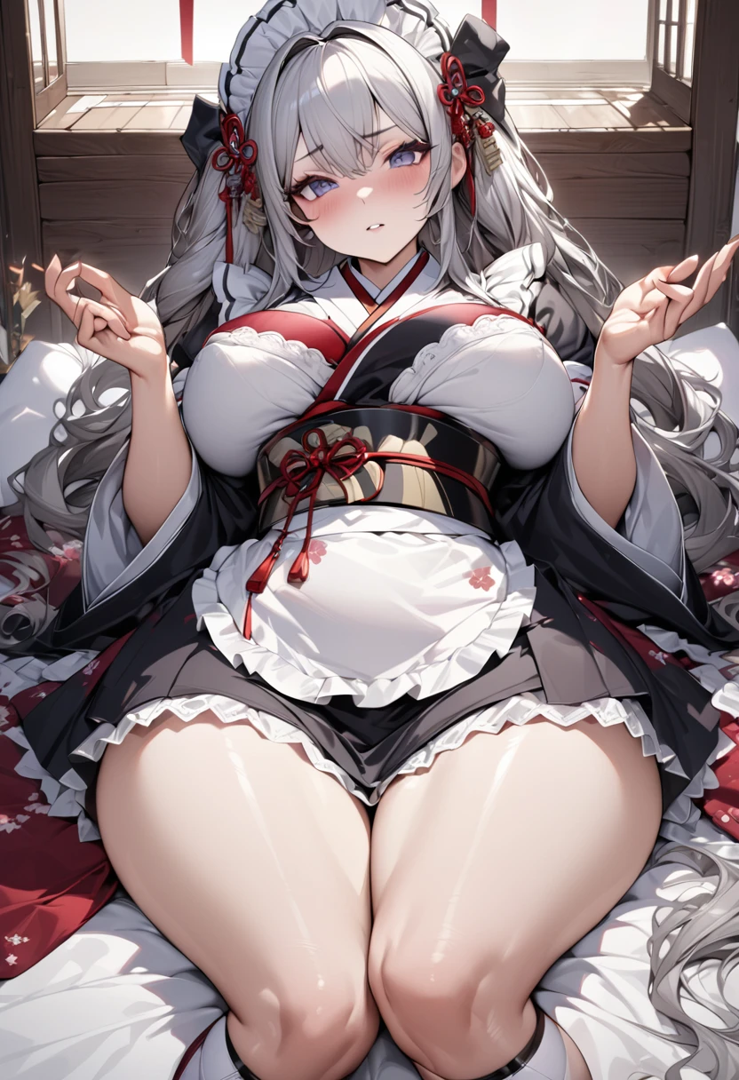 Young beautiful woman,(Highest quality,Extremely detailed depiction,Incredibly absurd high resolution,Anatomically accurate depiction,)(Japanese style maid),A gorgeously patterned kimono,Maid clothes,Maid&#39;s Headband,pantyhose,latex,eyelash,Brightly glowing purple eyes,There is cleavage in the chest,Black Hair,Perfect body,Seductive gestures,background:Japanese-style room at night