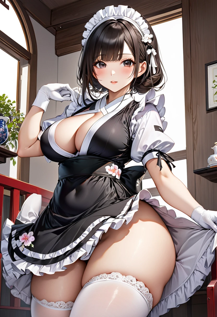 Young beautiful woman,(Highest quality,Extremely detailed depiction,Incredibly absurd high resolution,Anatomically accurate depiction,Nice hands, Perfect Fingers,Curvy Legs)(Sexy Japanese maid),(kimono,Maid clothes,Maid&#39;s Headband,garter belt,White Stockings),eyelash,Brightly glowing purple eyes,There is cleavage in the chest,Black Hair,Perfect body,Depict the whole body,background:Japanese-style room