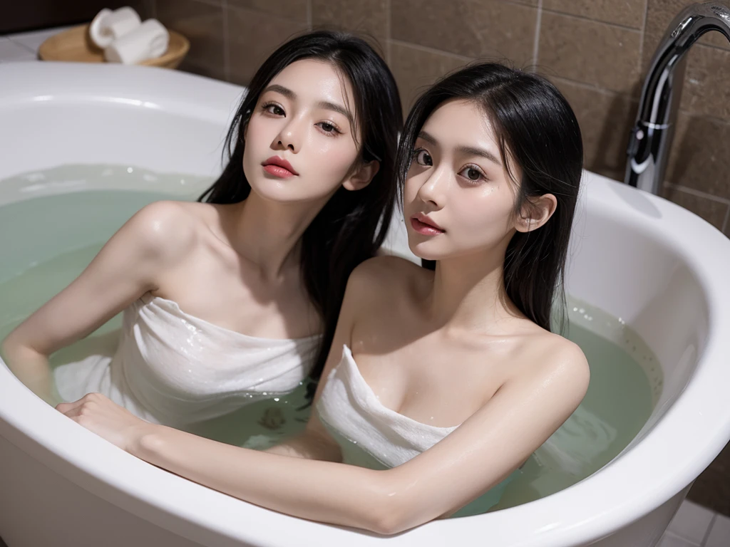 An Asian woman in her 20s, who has a small face, a small nose and mouth, but has big eyes, is soaking in a bathtub. The bathtub is full of soap bubbles that only your neck and face are visible. Visual is a scene where you look up from the bottom.