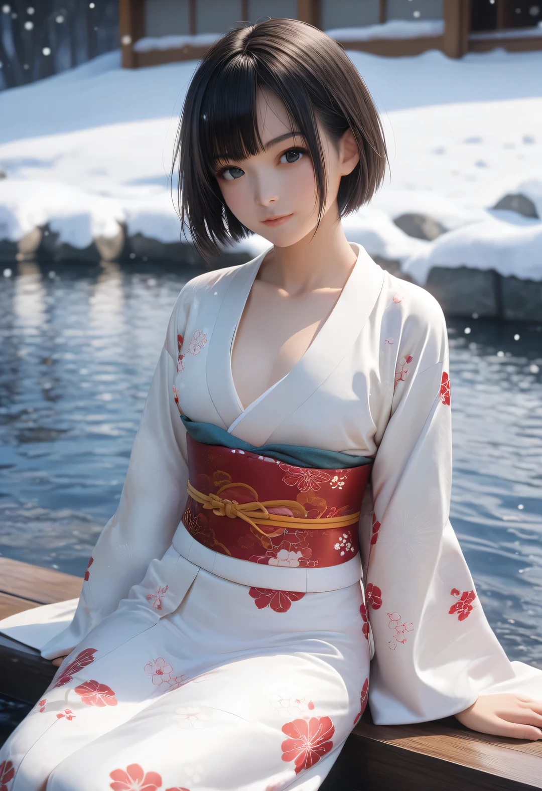 score_9, score_8_up, score_7_up, 1girl, solo, looking at viewer, short hair, black eyes, beautiful detailed eyes,black hair, nape, collarbone, long sleeves, sitting, closed mouth, small breasts, outdoors, japanese clothes, wide sleeves, kimono, water, sash, obi, floral print, snow, snowing, white kimono, print kimono, break,(clear line illustration:1.2), super detailed skin,very high resolution, very aesthetic, Best sexual lighting powered by famous artist, 8k,cute picture,beauty illustration,photoshop_(medium),,(Detailed Lighting),uncensored,