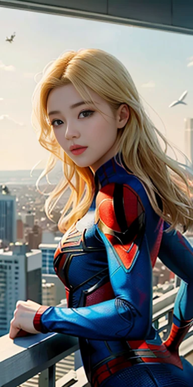 Highest quality、8K、One Woman、front、The whole body is shown、Wearing a Spider-Man suit、Real Face、Blonde、beautiful、20代beautifulの女性、Looking at the city from the rooftop of a building
