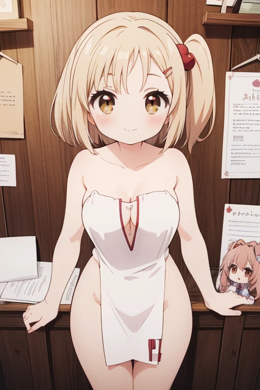 Cute naughty shrine maiden, Pastel colors hair, medium breasts, Thighs, short hair, (beige hair, parchment hair), (naked:1.3), (forehead:1.2, bangs pinned back, asymmetrical bangs, hairclip, side ponytail:1,2), standard height, (light smile, Large eyes, yuruyuri), at the adventurer's guild, A bulletin board with posted paper