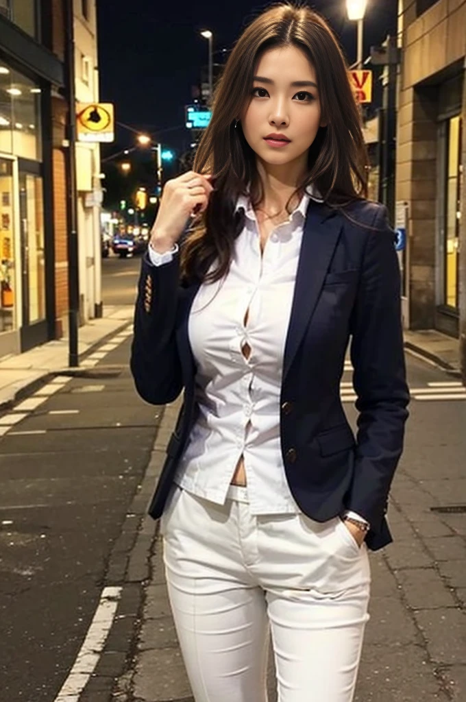 ((super high quality、High resolution、masterpiece、 Anatomically correct、Super detailed photos、Ultra-realistic photos、 Highest quality))、(1girl)、looking at viewer、Night cityscape、Uninhabited abandoned building、Walk over here、(cowboy shot)、(business suit:1.2)、white formal shirt、((from front))、(huge breast)、Small waist、Large Breasts、Detailed face、Perfect figure、Brown Hair、Medium Hair