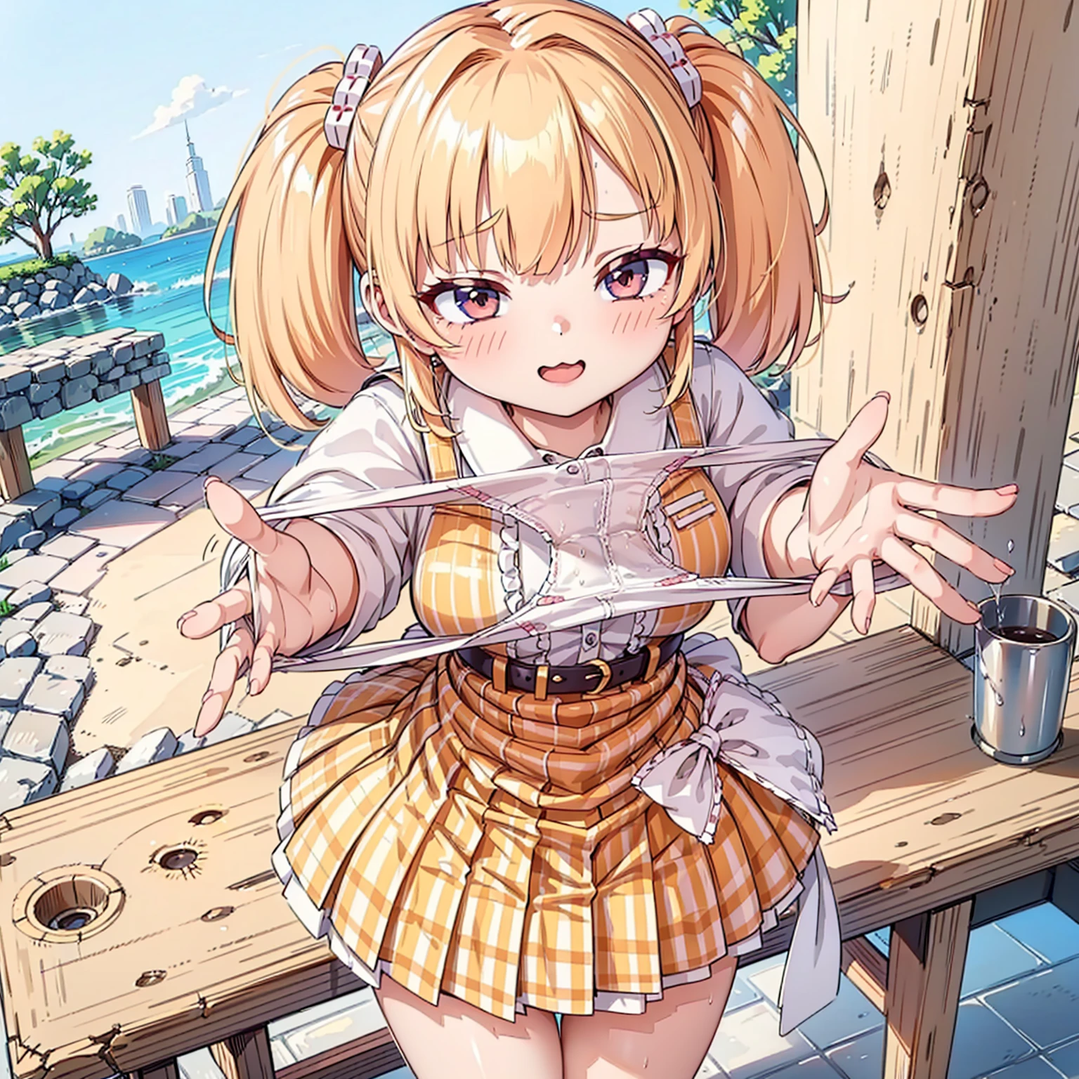 bionde, {{{Half Twin Tail:1.3}}}、shirt, blush, white shirt, hair ornaments, Manicure, Plaid skirt, Pleated skirt,
,Pay attention to the panties,
Looking down,View your audience,Panties as a gift,Tabletop, Highest quality, Perfect Skin, Detailed skin texture, Super detailed, 8K, Intricate details, Beautifully detailed face,High resolution,
 Looking down at the viewer, masterpiece, (Panties are stained with pee)、(Pussy、Love Juice)、(body odor),perfect hands,(((1 girl,alone)))