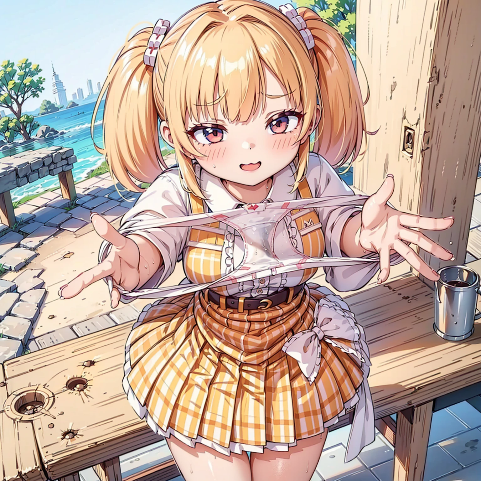 bionde, {{{Half Twin Tail:1.3}}}、shirt, blush, white shirt, hair ornaments, Manicure, Plaid skirt, Pleated skirt,
,Pay attention to the panties,
Looking down,View your audience,Panties as a gift,Tabletop, Highest quality, Perfect Skin, Detailed skin texture, Super detailed, 8K, Intricate details, Beautifully detailed face,High resolution,
Looking down at the viewer, masterpiece, (Panties are stained with pee)、(Pussy、Love Juice)、(body odor),perfect hands,(((1 girl,alone)))