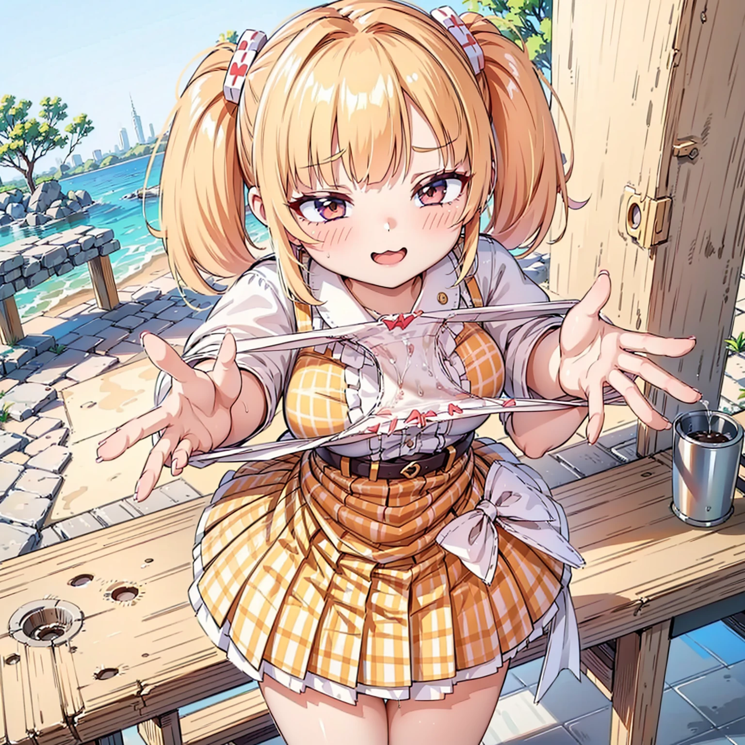 bionde, {{{Half Twin Tail:1.3}}}、shirt, blush, white shirt, hair ornaments, Manicure, Plaid skirt, Pleated skirt,
,Pay attention to the panties,
Looking down,View your audience,Panties as a gift,Tabletop, Highest quality, Perfect Skin, Detailed skin texture, Super detailed, 8K, Intricate details, Beautifully detailed face,High resolution,
Looking down at the viewer, masterpiece, (Panties are stained with pee)、(Pussy、Love Juice)、(body odor),perfect hands,(((1 girl,alone)))