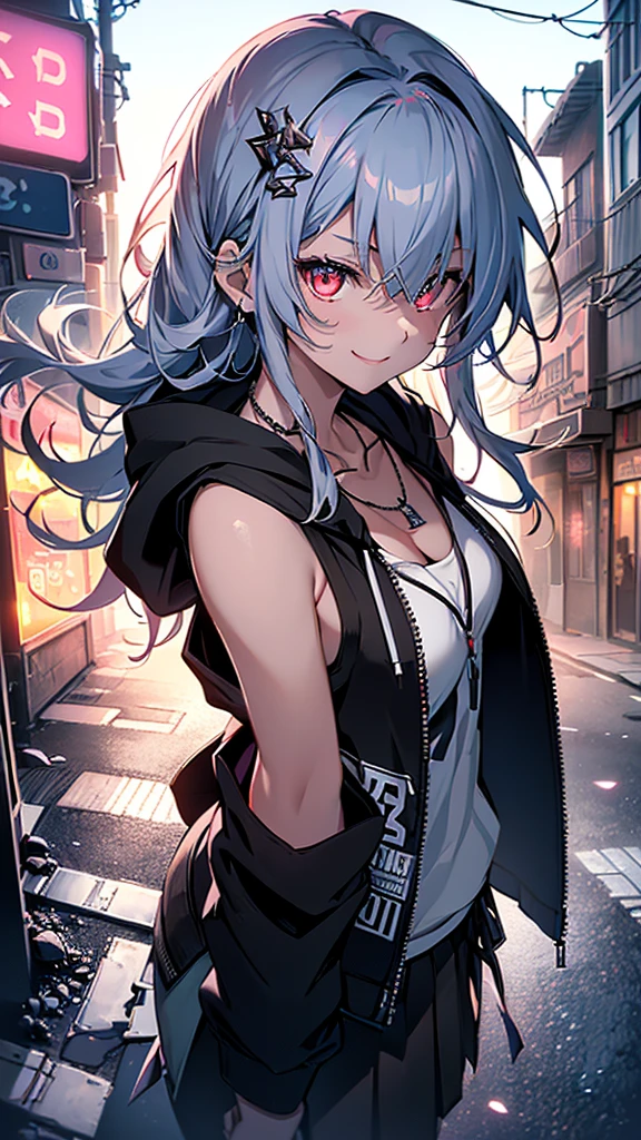 最high quality、Best image quality、masterpiece、girl((18-year-old、 By becoming、Best Bust、Medium Bust,Wide open breast tea、Red glowing eyes,Silver Hair、Disheveled Hair、Long Hair、thin,The highest valley、Open chest、Luminous Wristbands、smile、hair ornaments、luminous necklace、Black sleeveless hoodie(1:2)、Blue short skirt、Angle from directly above、Disheveled clothing、Show the whole body,Low - Angle)),high quality、Beautiful art、background((Neon Town、Neon Light))、Flight、Flying debris、Written boundary depth、movie、Visual Arts、Perfect art、8K,Genuine、