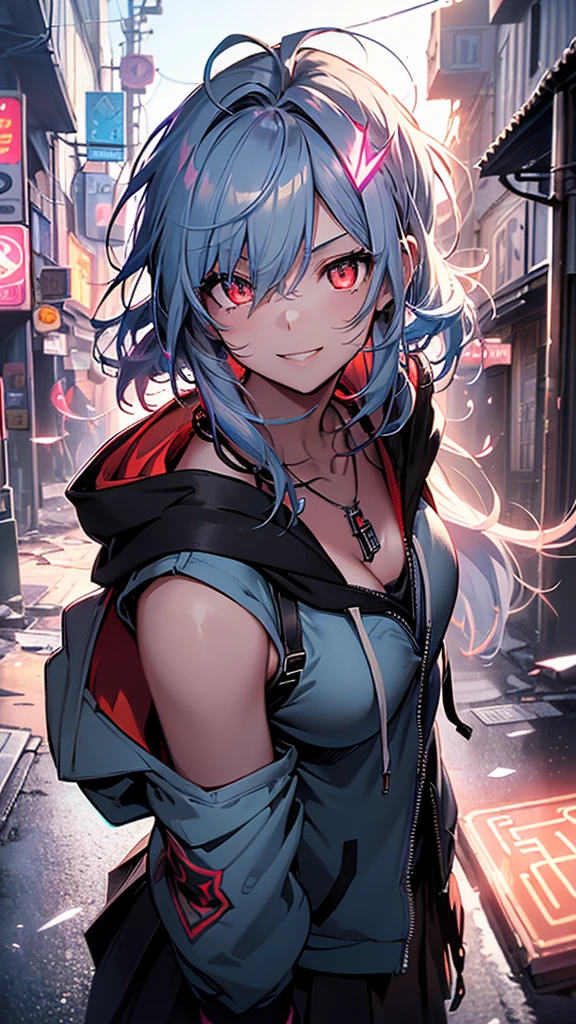 最high quality、Best image quality、masterpiece、girl((18-year-old、 By becoming、Best Bust、Medium Bust,Wide open breast tea、Red glowing eyes,Silver Hair、Disheveled Hair、Long Hair、thin,The highest valley、Open chest、Luminous Wristbands、smile、hair ornaments、luminous necklace、Black sleeveless hoodie(1:2)、Blue short skirt、Angle from directly above、Disheveled clothing、Show the whole body,Low - Angle)),high quality、Beautiful art、background((Neon Town、Neon Light))、Flight、Flying debris、Written boundary depth、movie、Visual Arts、Perfect art、8K,Genuine、
