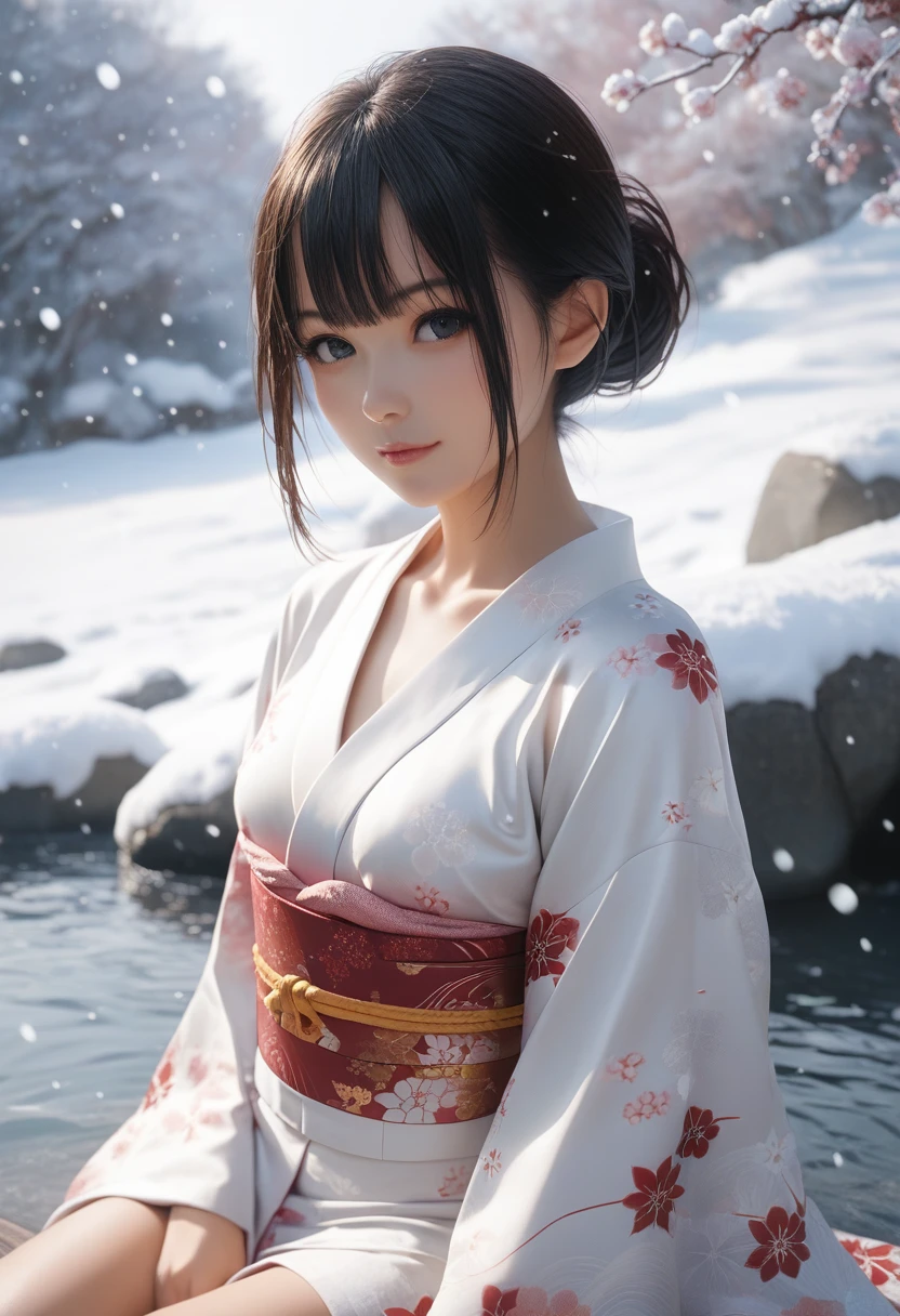 score_9, score_8_up, score_7_up, 1girl, solo, looking at viewer, short hair, black eyes, beautiful detailed eyes,black hair, nape, collarbone, long sleeves, sitting, closed mouth, small breasts, outdoors, japanese clothes, wide sleeves, kimono, water, sash, obi, floral print, snow, snowing, white kimono, print kimono, break,(clear line illustration:1.2), super detailed skin,very high resolution, very aesthetic, Best sexual lighting powered by famous artist, 8k,cute picture,beauty illustration,photoshop_(medium),,(Detailed Lighting),uncensored,