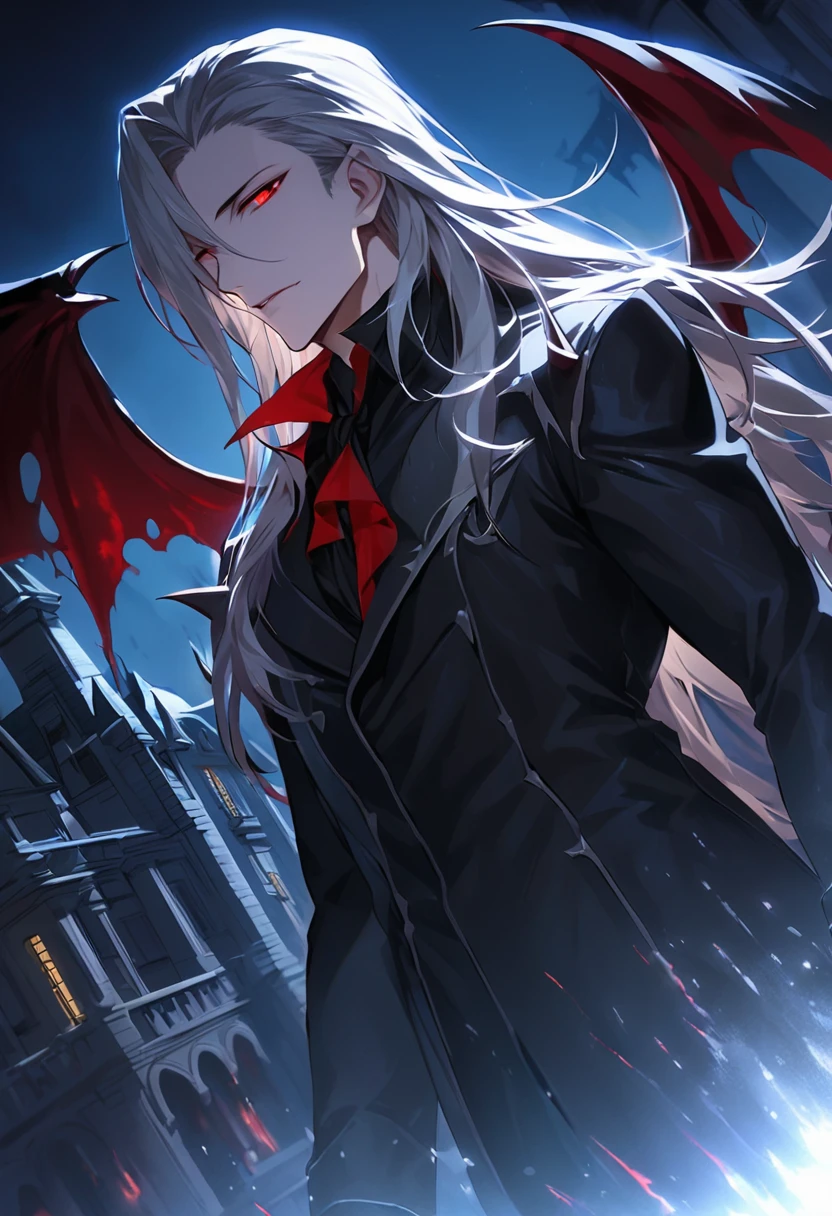 masterpiece, Highest quality), 1 male, Adult, Handsome, Long Hair, Red eyes, Black catsuit, spike, amount, Upper Body, vampire, Mansion, dark, Moonlight, Dutch Angle, Mysterious atmosphere, Fantasy, Superpower influence, Blood Effect