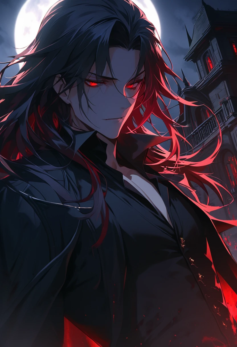 masterpiece, Highest quality), 1 male, Adult, Handsome, Long Hair, Red eyes, Black catsuit, spike, amount, Upper Body, vampire, Mansion, dark, Moonlight, Dutch Angle, Mysterious atmosphere, Fantasy, Superpower influence, Blood Effect