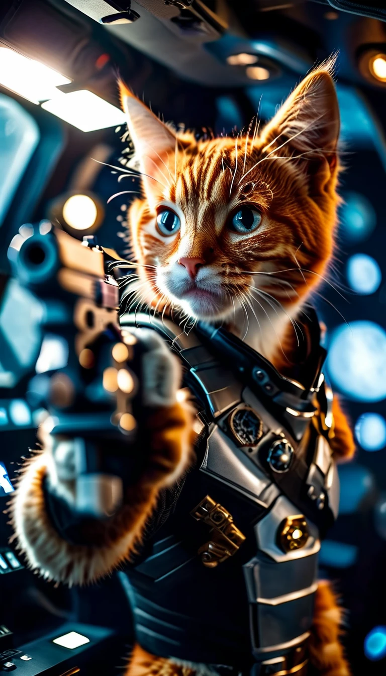 cinematic photo a detailed Award-winning photo, Cute red-haired cat space pirate in his spaceship ,Realistic fur, tooth , anger, Have a big futuristic gun, Epic pose, High quality photos, 3-point lighting, flash with softbox, 4K, Canon EOS R3, High resolution, Smooth, Sharp focus, High resolution, Award-winning photo, 80mm, F2.8, Bokeh . 35mm Photography, movie, Bokeh, Professional, 4K, Very detailed