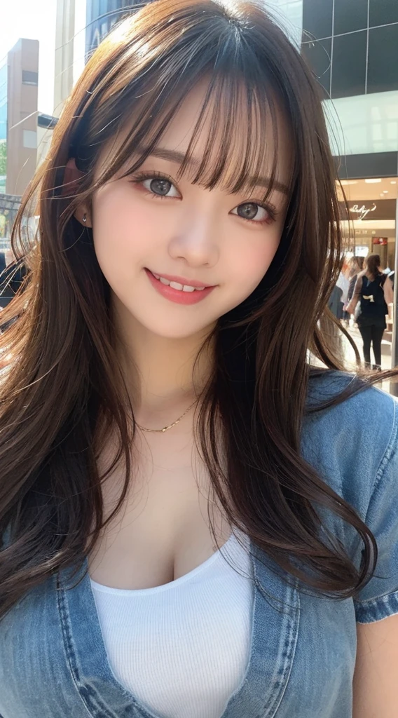 (mastepiece, Best Quality:1.3), real photo, Ultra-detailed, detailed, high resolution, 8K wallpaper, perfect dynamic composition, beautiful detailed eyes, spring ladies fashion, medium wavy hair, natural coloured lips, bold sexy pose, smiling face, Harajuku, 20 year old girl, cute, sexy shot looking at camera.