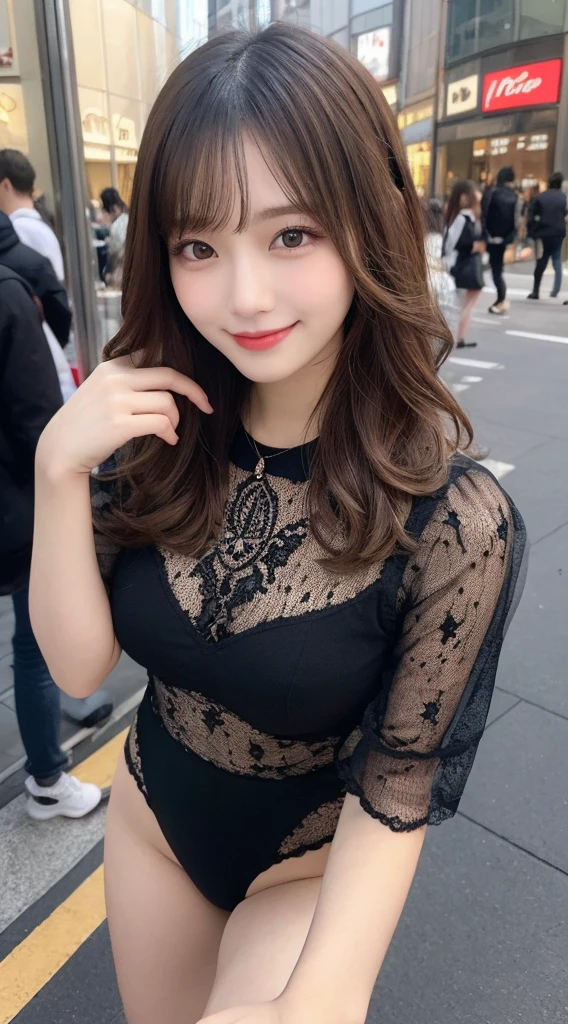 (mastepiece, Best Quality:1.3), real photo, Ultra-detailed, detailed, high resolution, 8K wallpaper, perfect dynamic composition, beautiful detailed eyes, spring ladies fashion, medium wavy hair, natural coloured lips, bold sexy pose, smiling face, Harajuku, 20 year old girl, cute, sexy shot looking at camera.