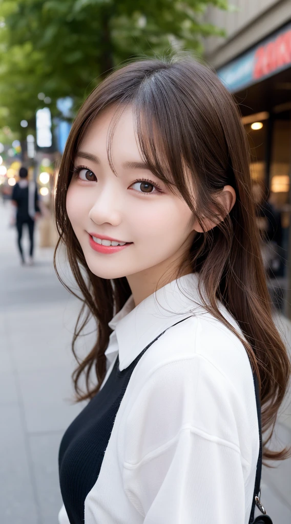 (mastepiece, Best Quality:1.3), real photo, Ultra-detailed, detailed, high resolution, 8K wallpaper, perfect dynamic composition, beautiful detailed eyes, spring ladies fashion, medium wavy hair, natural coloured lips, bold sexy pose, smiling face, Harajuku, 20 year old girl, cute, sexy shot looking at camera.