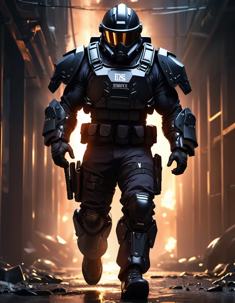High-resolution anime digital art, Masterpiece, Man Big Body, Wearing SWAT Uniform, wear Black Riot Helmet, muscular body, walking, Full Body, cinematic lighting, dramatic shadows, intricate, chiaroscuro, moody atmosphere, powerful presence, tactical gear, hyper detailed, sharp focus, physically-based rendering, black background.