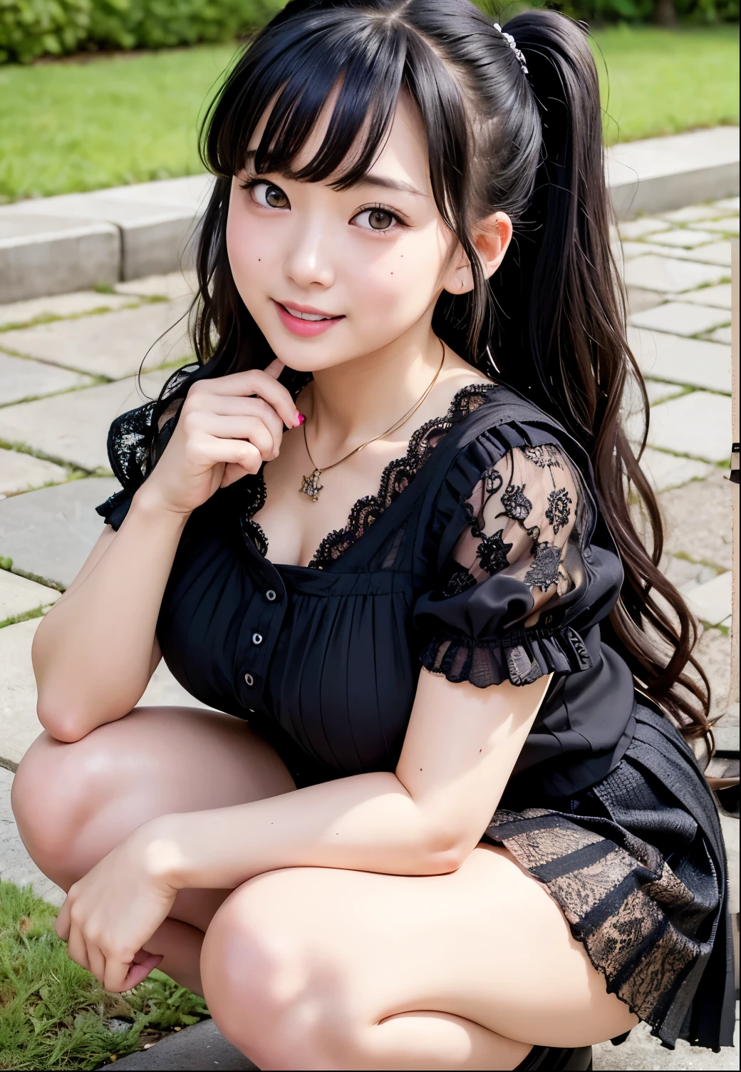 (Highest quality,masterpiece:1.3,Ultra-high resolution),(Very detailed、Caustics) (Realistic:1.4, RAW shooting、)Ultra-Realistic Capture、Very detailed、Natural skin texture、masterpiece、(Japanese girl wearing a black lace blouse and pleated skirt:1.3)、Adorable expression、Expressions of happiness、、height: 140cm、Baby Face、Amute、Twin tail hairstyle、Curly Hair、Scrunchie、necklace、Black Hair、Heavy makeup、Large Breasts、Shining thighs、Shining ass、Private Garden Photoshoot、Squatting in the men's restroom、Background details、smile、An inviting gaze、(Anatomically correct)、Cowboy Shot、Attention to detail、Sexy and cute pose、Heeled Sandals、