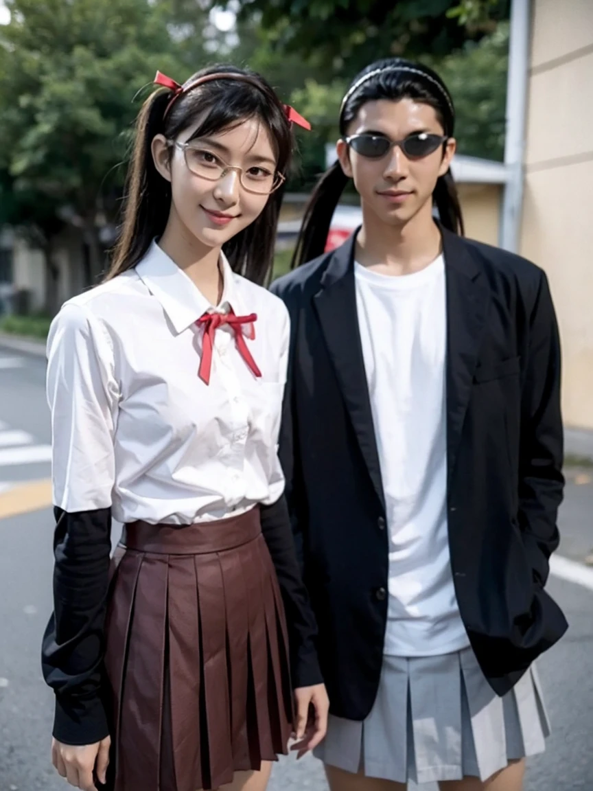 1 boy and 1 girl stand in the street,twintails,sawachika eri, brown eyes, hair ribbon,harimakenji, glasses, ,school uniform, red pleated skirt,eri,hairband, looking_at_viewer, serious, gakuran, white_shirt,smile,happy,two persons