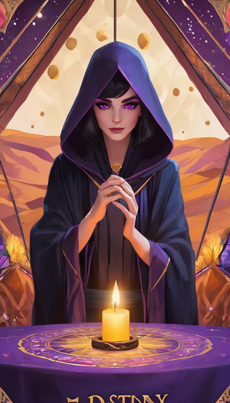 A poster promoting fortune telling using tarot cards in a triangular tent. front。Beautiful young fortune teller in a black robe。A line is drawn from the cheek to the nose.。. Colored spots on eyebrows Bohemian style Mysterious atmosphere Mainly purple Leave 1/3 spaces at the top for text. Fine Art: destiny