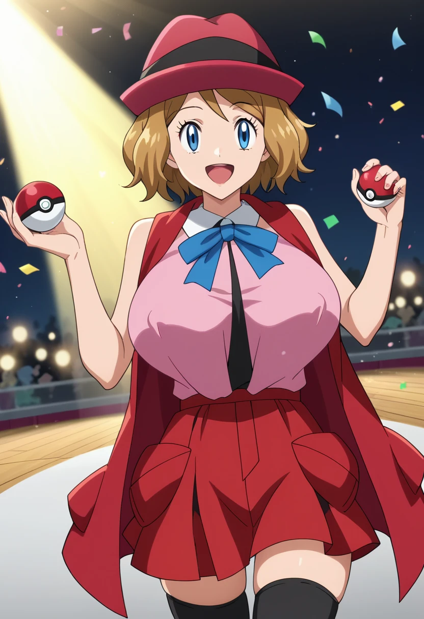 score_9, score_8_up, score_7_up, source_anime, anime screencap, anime coloring, rating_safe, BREAK serena \(pokemon\), 1girl, blue eyes, eyelashes, short hair, blonde hair, hat, neck ribbon, blue ribbon, pink shirt, sleeveless, bare arms, red jacket, pink micro skirt, black thighhighs, hand up, smile, happy, open mouth, holding poke ball, light particles, light rays, dutch angle, aura, backlighting, confetti, light particles, light rays, stage, stage lights, spot light, huge breasts, erect nipples, skintight