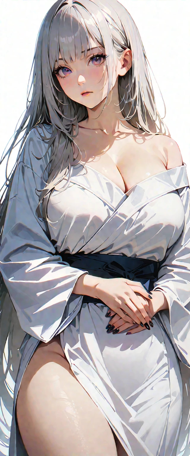 20 years old,1 mature woman,hyperrealistic, 8k, (extremely detailed 8k), (very delicate and beautiful), (masterpiece), (better quality:1.0), (ultra high resolution:1.0), (masterpiece, best quality),cute,white hair,cowboy shot,white background,realistic skin,hands together, pray,big breasts,expressionless,hime cut,black nail,extra long hair,kimono