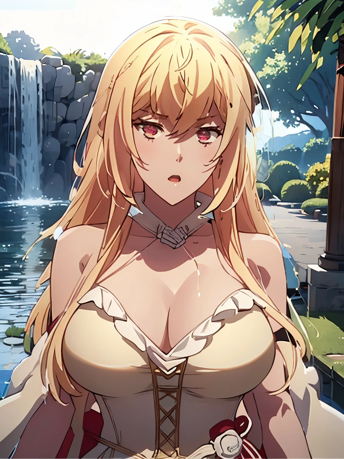 Masterpiece, best quality, highly detailed, highres, 8K, natural lighting, 1 girl, blonde hair, ruby eyes, large breast, she wet, sexy pose, camera from under, outdoor, (Full body shot:1.1), detailed finger shape, the number of fingers is not excessive