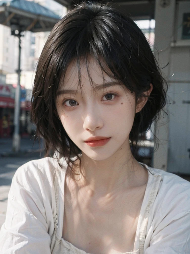 (smooth skin textures:1.3), Lipstick, Upper body,Upper Body,background, earrings, serene, calm, (Dress conservatively:1.6),(Realistic and detailed eyes:1.2), Natural skin texture, Realistic facial details, Soft dramatic lighting, Vivid details, outdoor, (Photo Practical:1.4), (hyper Practical:1.4), (Practical:1.3), (Improve lighting quality:0.9), (Highest quality real skin textures:1.4), (Enhance the beauty of skin texture:1.1), Hair details, model, short hair, Moles under the eyes, Portrait Photography, Depth of Field, Bokeh, Surrealism, Ray Tracing, (Portrait Photography:1.1), Surrealism, High Detail, Chiaroscuro, Ray Tracing, reflected light, Ultra HD, Ultra HD, masterpiece, Textured Skin, Super Detail, High Detail, high quality, best quality