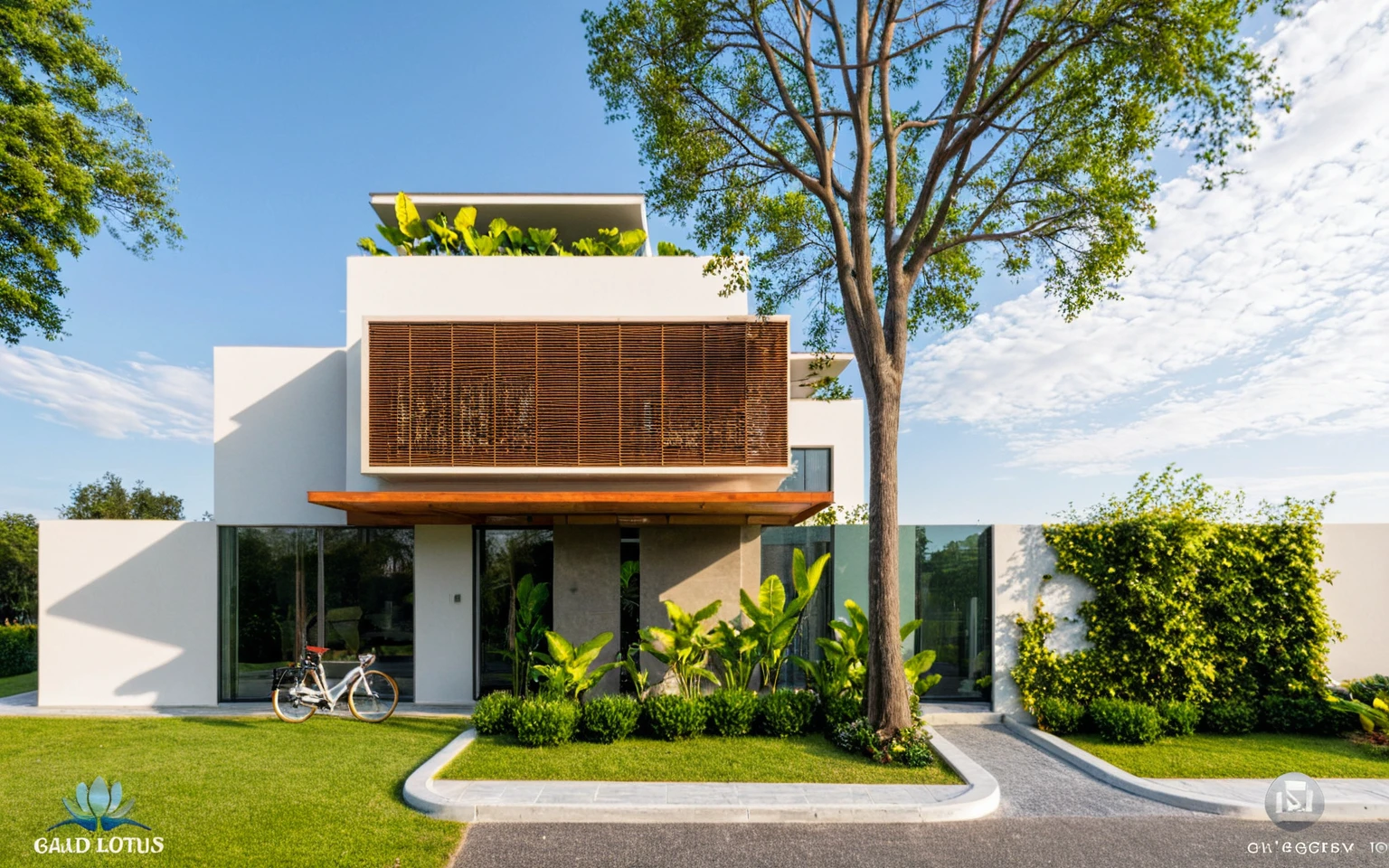 Masterpiece, high quality, best quality, authentic, super detail, outdoors, onestoreyvillaXL, aiaigroup, house style modern on the street ,stairs, white wall ,road,pavement, grass, trees, sky, cloud, (daylight:1.1),((pool front of villa))