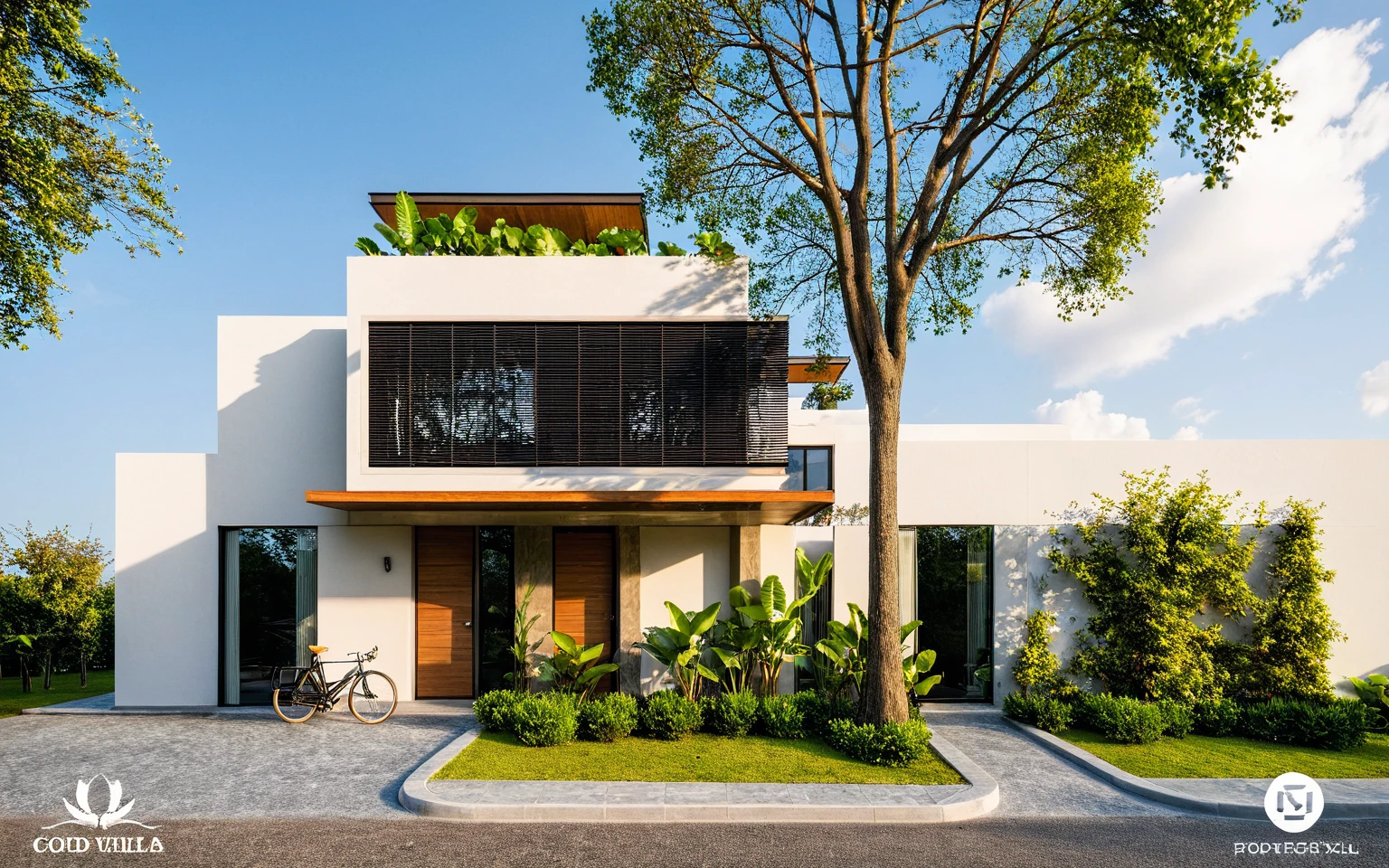 Masterpiece, high quality, best quality, authentic, super detail, outdoors, onestoreyvillaXL, aiaigroup, house style modern on the street ,stairs, white wall ,road,pavement, grass, trees, sky, cloud, (daylight:1.1),((pool front of villa))
