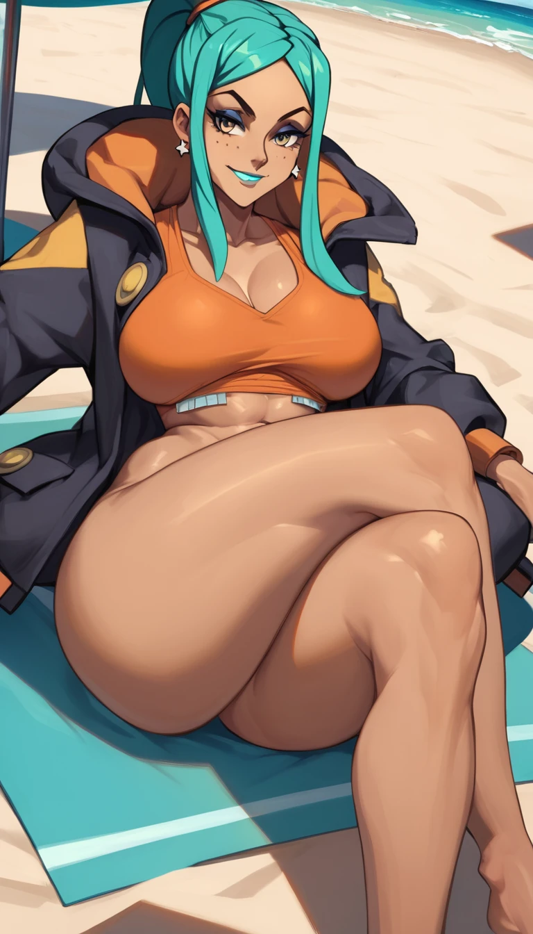 score_9, score_8_up, score_7_up, source_anime, rating_explicit, beautyful woman, cerebella from skullgirls, orange shirt, in beach, no hat, brown skin, cyan hair, ponytail hair, smile, crossed legs. black jacket, black pants, mature woman