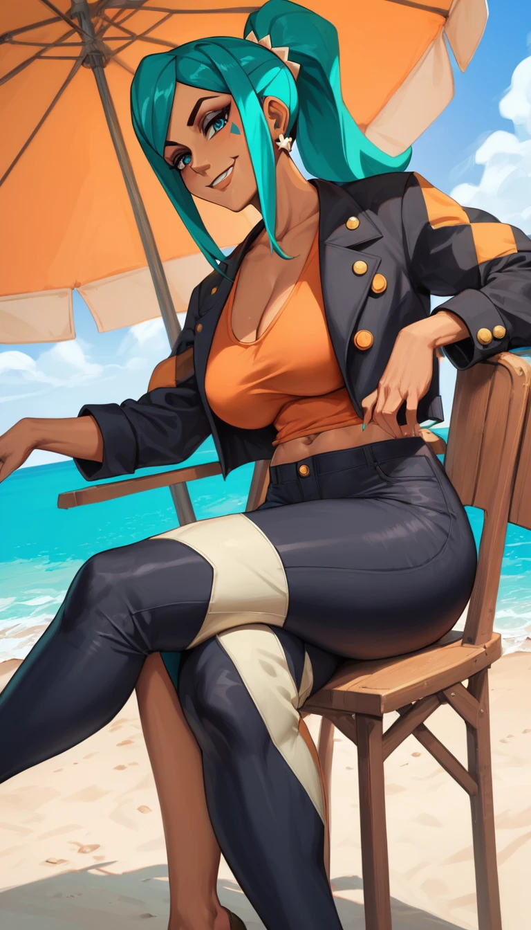 score_9, score_8_up, score_7_up, source_anime, rating_explicit, beautyful woman, cerebella from skullgirls, orange shirt, in beach, no hat, brown skin, cyan hair, ponytail hair, smile, crossed legs. black jacket, black pants, mature woman