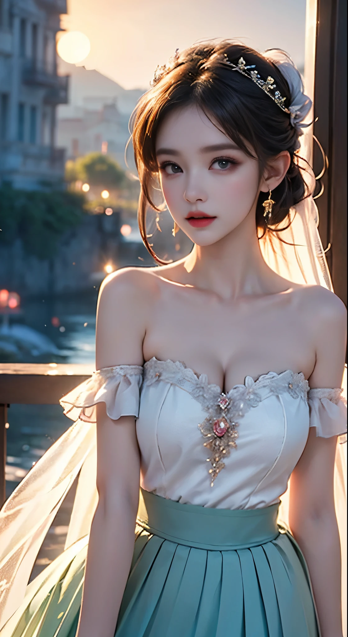 fairy dress, ((Bare shoulders)), ((Full breasts)), ((Very big breasts)), ((I-type Valley)), ((The skirt is very short)), ((Very beautiful legs)), ((knee shot)), actual, Fashion Girl, red lips, Mature women, Exquisite makeup, big eyes, beautiful, (best quality, masterpiece:1.2), Super detailed, (actual:1.37), ((Random Scenes, Random shooting angle)), Young and energetic, Charming model, (Exquisite eyes, delicate lips), Show a bright smile, Create stunning girl images, warm color, Extremely saturated colors, Official Art, Extremely detailed CG, Unity 8k Wallpaper, (High Dynamic Range :1.4), (Movie atmosphere),(Soft colors), (Natural skin texture, ultra-actual, Soft Light, sharp),(Very detailed), night, moonlight, ((Correct Legs)), ((Anatomically correct))