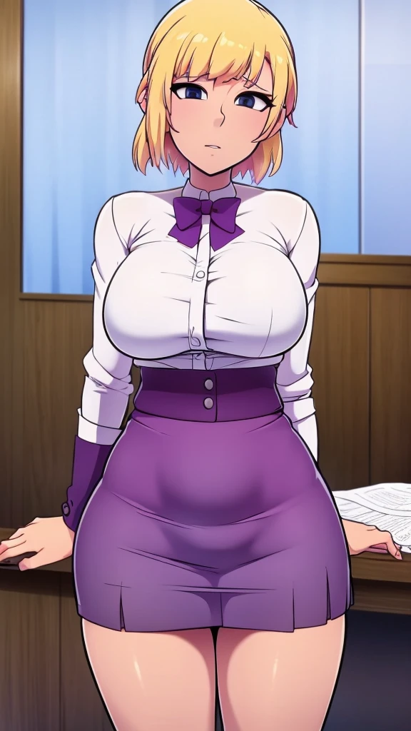 A sexy sensual woman beautiful beautiful attraction big breast long blonde yellow hair her gray eye wears a white button-down office shirt and a short purple skirt