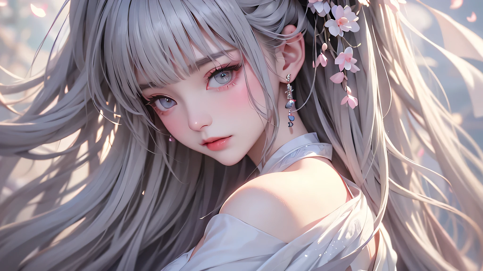 super high quality, masterpiece, Perfect illustration, Very detailed (Exquisite light and shadow, Very dramatic photo,Backlight) , ((Gray Hair:1.5))1 Girl,(( alone:1.6)), (Wearing Han clothes, Black and white Hanfu,Monotony,Long sleeve) Flower Field, Flowers, (White smoke:1.3) (Realistic:1.4), Zen Intertwining, Tangled, Official Art, unity 8k wallpaper, Very detailed, Beautiful and beautiful, masterpiece, Highest quality, (Dynamic Angle: 1.4), Glowing Skin, (Floating colorful flashes: 1) The most beautiful chaotic shapes, elegant, Brutalist Design, Bright colors, Romantic Depth of Field Exotic_dance, half_naked、Expose your shoulders、Ample breasts、Great cleavage、